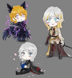  3girls :3 absurdres armored_boots black_coat blonde_hair blue_eyes boots coat commentary_request debbie_kimm don_quixote_(project_moon) e.g.o_(project_moon) faust_(project_moon) full_body grey_background highres limbus_company long_sleeves multiple_girls multiple_views n_corp._fanatic_(identity)_(project_moon) open_mouth pants project_moon puffy_long_sleeves puffy_sleeves shirt short_hair simple_background smile sparkling_eyes telepole_(e.g.o) violet_eyes white_pants white_shirt 