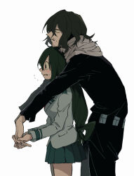  1boy 1girl age_difference aizawa_shota asui_tsuyu bebe black_hair black_pants black_shirt blush boku_no_hero_academia closed_mouth commentary_request cowboy_shot facial_hair flying_sweatdrops frog_girl green_hair green_skirt grey_jacket grey_scarf hair_between_eyes hair_rings head_on_head head_rest height_difference highres holding_hands interlocked_fingers jacket long_hair long_sleeves low-tied_long_hair mustache_stubble pants pleated_skirt scarf school_uniform shirt simple_background skirt solid_circle_pupils sparse_stubble stubble teacher_and_student u.a._school_uniform white_background 