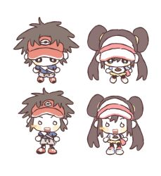  1boy 1girl 28_(eep228) :d blue_jacket brown_hair chibi chibi_only commentary_request double_bun grey_shorts hair_bun jacket korean_commentary looking_at_viewer multiple_views nate_(pokemon) o_o open_mouth pokemon pokemon_black_2_and_white_2 red_shoes rosa_(pokemon) shoes short_hair shorts sidelocks smile teeth twintails upper_teeth_only visor_cap 