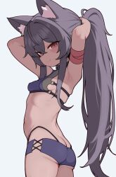  1girl absurdres ahoge animal_collar animal_ears armlet armpits ass bare_shoulders breasts cameltoe collar commission cowboy_shot crossed_bangs grey_hair hair_between_eyes hair_intakes high_ponytail highres jewelry light_blush lk149 loli long_hair looking_at_viewer looking_back navel original pixiv_commission ponytail revealing_clothes shiny_skin sideboob small_breasts smile solo sports_bra standing stomach 