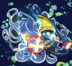  blue_skin claws colored_skin eel eelektross electricity fangs fins fish glowing highres jaferxx lamprey mega_eelektross mega_pokemon open_mouth pokemon pokemon_(creature) red_eyes 