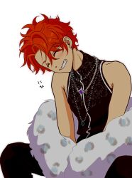 1boy akehoshi_subaru bead_necklace beads black_pants black_shirt chiominzoku closed_eyes commentary ensemble_stars! facing_viewer fur_jacket hair_between_eyes highres invisible_chair jacket jewelry male_focus multiple_necklaces necklace official_alternate_costume open_clothes open_jacket orange_hair pants parted_bangs ring ring_necklace shirt simple_background sitting sleeveless sleeveless_shirt smile solo turtleneck turtleneck_shirt white_background white_jacket 