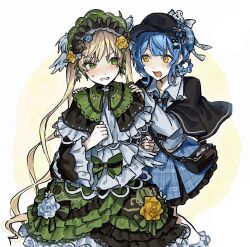  2girls :d bag bird_hat_ornament black_bag black_bow black_bowtie black_capelet black_flower black_hat black_rose blonde_hair blue_hair blue_necktie blue_skirt bonnet bow bow_flower bowtie braid braided_hair_rings capelet collared_shirt commentary_request crossbody_bag deerstalker dot_nose dress flower flower-trimmed_dress flower-trimmed_skirt frilled_capelet frilled_dress frilled_skirt frilled_sleeves frills furrowed_brow green_bonnet green_eyes grey_vest hair_bow hair_flower hair_ornament hair_rings hands_on_another's_shoulders hat hat_bow highres k_www_com layered_dress layered_skirt lolita_fashion long_hair long_sleeves mahou_shoujo_no_majo_saiban multiple_girls necktie open_mouth plaid_clothes plaid_skirt rose shirt short_hair simple_background skirt smile tachibana_sherry teeth tono_hanna tulip twintails two-tone_dress vest white_background white_flower white_rose white_shirt white_tulip wide_sleeves winged_hat yellow_eyes yellow_flower yellow_rose yuri 