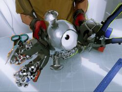 brown_shirt colored_skin commentary_request gloves highres indoors ishida_(segu_ishida) joints magnemite magnet metal_skin pokemon pokemon_(creature) pokemon_focus robot_joints screw shirt x_(symbol) 