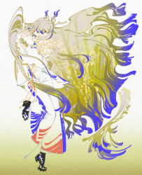  1girl absurdres alternate_costume arknights big_hair black_shoes blonde_hair blue_eyes blue_hair chinese_commentary closed_mouth colored_extremities colored_tips commentary_request dragon_girl dragon_horns dragon_tail earrings eastern_dragon_horns eastern_dragon_tail eyeliner floating_hair from_side full_body gradient_background highres holding holding_plant horns japanese_clothes jewelry kimono long_hair looking_down lyylinkong makeup mixed-language_commentary multicolored_hair plant pointy_ears profile red_eyeliner rice_(plant) shoes shu_(arknights) simple_background smile solo standing tail tassel tassel_earrings traditional_media two-tone_hair very_long_hair white_background white_kimono yellow_background yellow_hands 
