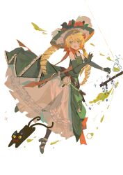  1girl :o bare_shoulders black_cat blonde_hair bow cat chinese_commentary chinstrap commentary_request dress drill_hair elbow_gloves flask flower full_body gloves green_dress green_eyes green_gloves green_hat hat hat_flower highres leg_up long_dress long_hair looking_at_viewer low_twintails orange_bow potion red_flower red_rose reverse:1999 rose sleeveless sleeveless_dress solo sotheby sparkle tangfenjingbeiduizhang twin_drills twintails watch white_background 