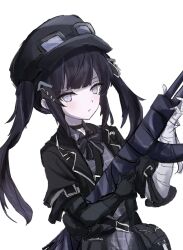  1girl arm_belt asymmetrical_gloves bandaged_arm bandaged_hand bandages black_choker black_coat black_gloves black_hair black_hat black_ribbon choker closed_mouth coat collared_dress commentary_request dress gloves goggles goggles_on_headwear grey_dress grey_eyes gun hair_ornament hat highres holding holding_gun holding_weapon kenpopor18 kurobe_nanoka long_hair looking_at_viewer mahou_shoujo_no_majo_saiban neck_ribbon plaid_clothes plaid_dress ribbon rifle simple_background solo twintails upper_body weapon white_background 