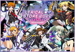  5girls alternate_weapon bardiche_(nanoha) black_shirt blonde_hair brown_hair commentary_request copyright_name dual_wielding einhard_stratos fate_testarossa green_hair gun hair_ornament holding holding_gun holding_weapon jacket kawakami_shuuichi lyrical_nanoha lyrical_store mahou_shoujo_lyrical_nanoha_vivid multiple_girls official_alternate_costume official_art open_clothes open_jacket open_mouth pleated_skirt raising_heart schwertkreuz shirt skirt smile takamachi_nanoha twintails vivio weapon x_hair_ornament yagami_hayate 