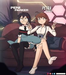 2girls :d ahoge ankle_socks artist_name bespectacled black_hair black_necktie black_skirt black_thighhighs blue_skirt bob_cut breasts bright_pupils brown_eyes brown_hair camera character_name collared_shirt commentary couch crossed_legs double_v dress_shirt english_commentary genderswap genderswap_(mtf) glasses hair_ornament hairclip half-closed_eyes highres ikea_shark instagram_logo keetydraws long_sleeves looking_at_viewer marvel medium_breasts miniskirt multiple_girls necktie off-shoulder_sweater off_shoulder on_couch parted_lips patreon_logo pencil_skirt peni_parker petra_parker_(otrebot) pillow pleated_skirt round_eyewear shirt short_hair side-by-side sidelocks sitting skirt sleeves_rolled_up small_breasts smile socks spider-man:_into_the_spider-verse spider-man_(series) spider-man_3 spider-verse strap stuffed_animal stuffed_shark stuffed_toy sweater thigh-highs tumblr_logo twitter_logo v wainscoting white_pupils white_shirt white_socks wooden_wall 