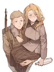  1boy 1girl blonde_hair blue_eyes bottle drunk fur_collar ganggohan green_eyes gun highres holding holding_bottle long_hair long_skirt long_sleeves military_uniform original pleated_skirt short_hair skirt smile upper_body weapon 