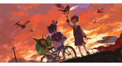  2boys absurdres arm_up bicycle bin_aham black_hair black_socks black_sweater_vest brown_hair closed_eyes clouds collared_shirt commentary crossed_bangs evening florian_(pokemon) gloves grass hair_between_eyes highres kieran_(pokemon) letterboxed male_focus mountain multiple_boys ogerpon open_mouth orange_sky pokemon pokemon_(creature) pokemon_scarlet_and_violet power_lines purple_hair red_gloves shirt shorts single_glove sky socks standing sunset sweater_vest twilight untranslatable_commentary utility_pole white_shirt yanma yellow_eyes 