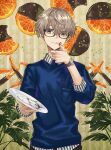  1boy black-framed_eyewear black_pants blue_shirt breast_pocket chocolate chocolate_on_hand collared_shirt earrings food food-themed_background food_on_hand fruit glasses grey_hair hair_between_eyes highres holding holding_plate jewelry licking licking_finger looking_at_viewer male_focus mito_itsuki mixed-language_commentary orange_(fruit) orange_slice orangette original pants patterned_background pistachio plant plate pocket shirt short_hair single_earring solo striped striped_shirt stud_earrings sweatshirt thumbs_up tongue tongue_out upper_body watch watch white_shirt yellow_eyes 