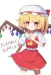  1girl absurdres blonde_hair character_name closed_mouth collared_shirt commentary_request cowboy_shot flandre_scarlet frilled_shirt_collar frilled_skirt frills hat hat_ribbon highres looking_at_viewer mob_cap multicolored_wings puffy_short_sleeves puffy_sleeves red_eyes red_ribbon red_skirt red_vest ribbon sasugane_watashi shirt short_sleeves simple_background skirt smile solo touhou v-shaped_eyebrows vest white_background white_headwear white_shirt wings 