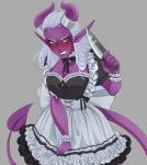 absurdres apron blush boots colored_skin corset demon_girl demon_horns demon_tail dungeons_and_dragons highres horns knife maid maid_apron non-web_source original pointy_ears purple_skin sharp_teeth tail teeth yandere zareila