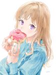  1girl artist_name bangs blue_hair blue_nails blue_shirt blush doughnut eating esc1_2d food food_in_mouth hands_up highres himehina_channel holding holding_food jewelry lace_trim light_brown_hair long_hair long_sleeves looking_at_viewer mouth_hold multicolored_hair ring shadow shirt simple_background solo streaked_hair suzuki_hina upper_body violet_eyes virtual_youtuber white_background 