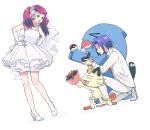 1boy 1girl alternate_costume atsumi_yoshioka bouquet bow bowtie commentary_request dress earrings eyelashes flower gloves high_heels highres holding holding_poke_ball jacket james_(pokemon) jessie_(pokemon) jewelry long_hair meowth pants poke_ball poke_ball_(basic) pokemon pokemon_(anime) pokemon_(creature) red_flower shoes sweat twintails white_background white_bow white_bowtie white_dress white_footwear white_gloves white_jacket white_pants wobbuffet 