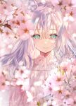  1girl bangs blunt_bangs bug butterfly cherry_blossoms day dress floating_hair flower glowing_butterfly green_eyes hair_down highres light_rays light_smile looking_at_viewer original pink_flower san_mokmok05 smile solo upper_body wavy_hair white_dress 