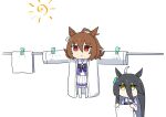  2girls agnes_tachyon_(umamusume) ahoge animal_ears bangs black_hair brown_hair chibi closed_mouth clothes_pin clothesline coat expressionless hair_between_eyes hanging highres horse_ears kuroshiro1011 long_hair manhattan_cafe_(umamusume) multiple_girls orange_eyes purple_shirt sailor_collar school_uniform shirt simple_background skirt sun towel tracen_school_uniform umamusume white_background white_coat white_skirt yellow_eyes 