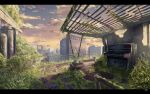  building city cityscape clouds grass highres instrument kenth.ton no_humans original outdoors overgrown piano railing rust scenery skyscraper sunset 
