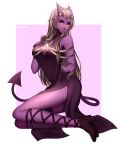  absurdres boots colored_skin demon_girl demon_horns demon_tail dungeons_and_dragons headdress high_heels highres horns jewelry non-web_source original pointy_ears purple_skin red_eyes sharp_teeth tail teeth tiefling white_hair zareila 