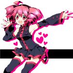 1girl ahoge armpits black_sleeves black_thighhighs breasts curly_hair detached_sleeves drill_hair happy kasane_teto medium_breasts open_mouth pink_eyes pink_hair red_eyes ringlets sgawarananto simple_background skirt solo thigh-highs twin_drills twintails utau waving zettai_ryouiki