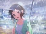 bang_dream! brown_eyes brown_hair dress hazawa_tsugumi official_art rain short_hair smile umbrella