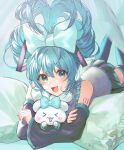  1girl :d absurdres bangs black_skirt black_sleeves blue_bow blue_eyes blue_hair bow cinnamiku cinnamoroll collared_shirt commentary_request crossed_legs crossover detached_sleeves frilled_pillow frilled_shirt frilled_shirt_collar frills grey_shirt hair_between_eyes hair_bow hatsune_miku highres juukyuuhyaku_(tsukuwo243) legs_up long_sleeves looking_at_viewer lying no_shoes on_stomach pillow pleated_skirt sanrio shirt skirt sleeveless sleeveless_shirt smile thigh-highs twitter_username updo vocaloid wide_sleeves 