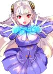 1girl :d capcom_fighting_jam commentary_request gloves hairpods highres ingrid ingrid_(capcom) jacket long_hair open_mouth pleated_skirt purple_jacket purple_skirt red_eyes skirt smile solo tetsu_(kimuchi) translation_request white_gloves white_hair