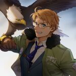  1boy ahoge america_(hetalia) animal_on_arm axis_powers_hetalia badge bird blonde_hair blue_eyes blue_necktie blue_suit buttons character_name clothes_writing collared_shirt day eagle formal fur-trimmed_jacket fur_trim glasses green_jacket grin jacket littleb623 looking_at_viewer male_focus necktie official_alternate_costume outdoors shirt sky smile suit tie_clip 