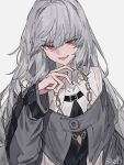  1girl :d aogisa arknights black_nails capelet commission fang grey_background grey_capelet grey_hair highres jewelry long_hair nail_polish necklace no_headwear red_eyes simple_background skeb_commission skin_fang smile solo specter_(arknights) upper_body v-shaped_eyebrows very_long_hair 