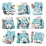  &gt;_&lt; 1girl :3 =_= aqua_eyes aqua_hair aqua_necktie arm_up arms_up blanket blowing_kiss blue_bow blush_stickers bow chibi cinnamiku cinnamon_roll cinnamoroll cosplay creature_on_head cropped_torso crumbs crying cup double_bun ear_bow eating food food_on_face grey_shirt hair_bow hair_bun hands_up happy hatsune_miku hatsune_miku_(cosplay) headphones heart heart_print highres holding holding_food holding_heart holding_spring_onion holding_vegetable incoming_attack incoming_punch looking_at_viewer lying matching_outfit mug multiple_views necktie object_on_head on_back on_bed one_eye_closed pillow print_mug puckered_lips punching sanrio shirt simple_background sleeping sparkling_eyes spring_onion spring_onion_print star_(symbol) streaming_tears symmetrical_pose tears tie_clip tied_ears twintails under_covers updo vegetable vocaloid white_background yuemoe zzz 