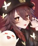  1girl :p absurdres bangs black_nails blue_ribbon brown_coat brown_eyes brown_hair bug butterfly claw_pose coat collared_coat colored_tips commentary_request eyes_visible_through_hair flower flower-shaped_pupils genshin_impact ghost hair_between_eyes hair_over_one_eye hat hat_flower hat_ribbon highres hu_tao_(genshin_impact) jewelry long_hair looking_at_viewer multicolored_hair pel porkpie_hat red_background redhead ribbon ring sleeves_past_elbows solo symbol-shaped_pupils talisman tongue tongue_out two-tone_hair upper_body wide_sleeves yellow_butterfly 