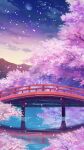  arch_bridge architecture branch bridge cherry_blossoms clouds commentary_request east_asian_architecture evening falling_petals full_body highres inuyasha moon mountain no_humans outdoors petals reflection reflective_water scenery sky sunset tree water xi_chen_chen 
