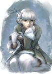 1girl alice_elliot bangs blue_eyes blunt_bangs closed_mouth gloves head_rest holding noie_(neunteedelstein) painterly shadow_hearts short_hair sitting sleeves_past_wrists smile solo thigh-highs twitter_username white_gloves white_hair white_thighhighs 