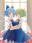  2girls :d ascot bangs blue_bow blue_dress blue_eyes blue_hair bow cirno closed_eyes collared_shirt daiyousei dress fairy_wings from_side god_mang green_hair hair_bow hug ice ice_wings indoors looking_at_viewer multiple_girls open_mouth pinafore_dress shirt short_hair short_sleeves side_ponytail smile standing touhou white_shirt window wings yellow_ascot yellow_bow 