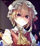  1girl ascot blonde_hair chromatic_aberration collared_shirt commentary_request cotolu flandre_scarlet frilled_shirt_collar frilled_sleeves frills from_below hair_between_eyes hat hat_ribbon highres looking_at_viewer looking_down medium_hair mob_cap multicolored_wings puffy_short_sleeves puffy_sleeves red_eyes red_ribbon red_vest ribbon shirt short_sleeves solo touhou vest white_headwear white_shirt wings yellow_ascot 