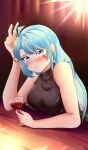  1girl absurdres alcohol azura_cecillia black_sweater blue_eyes blue_hair blue_nails breasts cup drinking_glass hair_behind_ear highres holding holding_cup jewelry kirainfo long_hair looking_at_viewer medium_breasts multicolored_hair necklace nijisanji nijisanji_id pink_hair pout solo streaked_hair sweater v virtual_youtuber wine wine_glass 