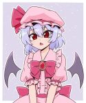  bangs bat_wings bow bowtie center_frills frills hair_between_eyes hat hat_ribbon mob_cap open_mouth pink_headwear pink_shirt pointy_ears purple_background purple_hair red_bow red_bowtie red_eyes red_ribbon remilia_scarlet ribbon shio_(futatsumami) shirt short_hair short_sleeves simple_background touhou upper_body wings 