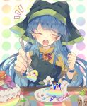  1girl ^_^ apron arm_ribbon bangs blue_hair blue_ribbon blush cake cake_slice clenched_hand closed_eyes commentary dress flower food fork green_apron green_headwear hands_up haniwa_(statue) haniyasushin_keiki happy head_scarf highres holding holding_fork incoming_food jewelry long_hair macaron magatama magatama_necklace necklace nikorashi-ka notice_lines open_mouth outstretched_arm plate polka_dot polka_dot_background pov rainbow_gradient rainbow_order ribbon swept_bangs table teeth touhou turtleneck upper_body upper_teeth white_flower yellow_dress 