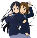  2girls akiyama_mio back-to-back black_hair blazer blush brown_eyes brown_hair grey_eyes hair_ornament hairclip heads_together highres hirasawa_yui holding holding_microphone ickmsugar jacket k-on! locked_arms long_hair microphone miniskirt multiple_girls one_eye_closed open_mouth school_uniform short_hair skirt teeth upper_body upper_teeth v white_background 