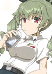  1girl adapted_uniform anchovy_(girls_und_panzer) anzio_school_uniform belt black_belt black_ribbon black_skirt breasts collared_shirt cup dress_shirt drill_hair drinking emblem girls_und_panzer green_hair hair_ribbon highres holding holding_cup large_breasts long_hair looking_at_viewer red_eyes ribbon school_uniform shirt short_sleeves simple_background skirt solo twin_drills twintails white_background white_shirt wing_collar yurifiss 