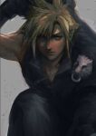  1boy arm_up bare_shoulders black_gloves blonde_hair blue_eyes closed_mouth cloud_strife eyes_visible_through_hair final_fantasy final_fantasy_vii gloves greatsword grey_background hair_between_eyes holding holding_sword holding_weapon male_focus noie_(neunteedelstein) simple_background single_bare_shoulder sketch solo spiky_hair squatting sword twitter_username weapon weapon_on_back 