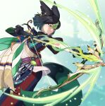  1boy aiming animal_ears arrow_(projectile) bangs black_hair bow_(weapon) chinese_commentary closed_mouth ear_piercing flower genshin_impact gloves gradient_hair green_eyes hair_between_eyes highres holding holding_bow_(weapon) holding_weapon honlo jewelry male_focus multicolored_hair piercing simple_background solo sparkle tail tassel tighnari_(genshin_impact) vision_(genshin_impact) weapon yellow_flower 