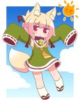  1girl alternate_costume animal_ear_fluff animal_ears arms_up bell blonde_hair blue_sky blush clouds cloudy_sky collar detached_sleeves dress folded_ponytail fox_ears fox_girl fox_tail full_body green_dress green_sleeves highres kemomimi-chan_(naga_u) looking_at_viewer naga_u neck_bell necktie original red_collar red_eyes red_footwear sandals sky sleeves_past_fingers sleeves_past_wrists socks solo summer sun tail v-shaped_eyebrows white_socks yellow_necktie 