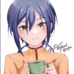  1girl assault_lily bangs blue_hair blush character_name chinese_clothes closed_mouth coffee coffee_mug commentary cup dated earrings fingernails hair_between_eyes hands_up holding holding_cup jewelry long_hair looking_at_viewer mole mole_under_eye mug orange_shirt portrait shirt sidelocks simple_background single_earring smile solo steam teru_(kai_teru_) wang_ruixi white_background yellow_eyes 