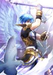  1boy angel_wings arm_up azhi_kurage bird blue_eyes blue_hair dove fayt_leingod feathers fingerless_gloves gloves holding holding_weapon industrial_pipe looking_at_viewer male_focus official_alternate_costume short_hair star_ocean star_ocean_anamnesis star_ocean_till_the_end_of_time weapon wings 