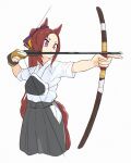  1girl absurdres animal_ears appleq archery arrow_(projectile) bow_(weapon) brown_hair commentary_request drawing_bow facing_away from_side gloves grey_hakama hakama hakama_skirt highres hip_vent holding holding_bow_(weapon) holding_weapon horse_ears horse_girl horse_tail japanese_clothes kyuudou long_hair muneate partially_fingerless_gloves sakura_bakushin_o_(umamusume) short_sleeves simple_background single_glove skirt solo tail umamusume violet_eyes weapon white_background yugake 