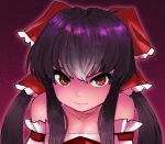  1girl bakedmandible bangs black_hair bow brown_eyes closed_mouth commentary cookie_(touhou) detached_sleeves hair_bow hakurei_reimu highres long_hair looking_at_viewer portrait red_bow sidelocks solo touhou white_sleeves yuyusu_(cookie) 