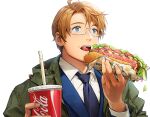  1boy america_(hetalia) axis_powers_hetalia blue_necktie blue_suit coca-cola commentary cucumber_slice cup drinking_straw eating fingernails food food_wrapper formal glasses green_jacket holding holding_cup holding_food jacket lettuce littleb623 looking_afar necktie onion sandwich simple_background subway_(company) suit symbol-only_commentary upper_body white_background 