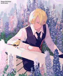  1boy absurdres animal bird black_necktie black_vest blonde_hair facial_hair flower from_above hair_over_one_eye happy_birthday highres long_sleeves male_focus necktie one_piece plant purple_flower purple_theme railing sanji shirt smile solo towne vest vest_over_shirt white_shirt 